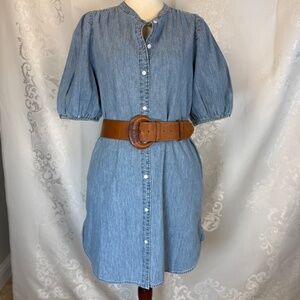 Gap Denim Puff Sleeve Shirtwaist Button Front Dress Size L 100% Cotton Chambray